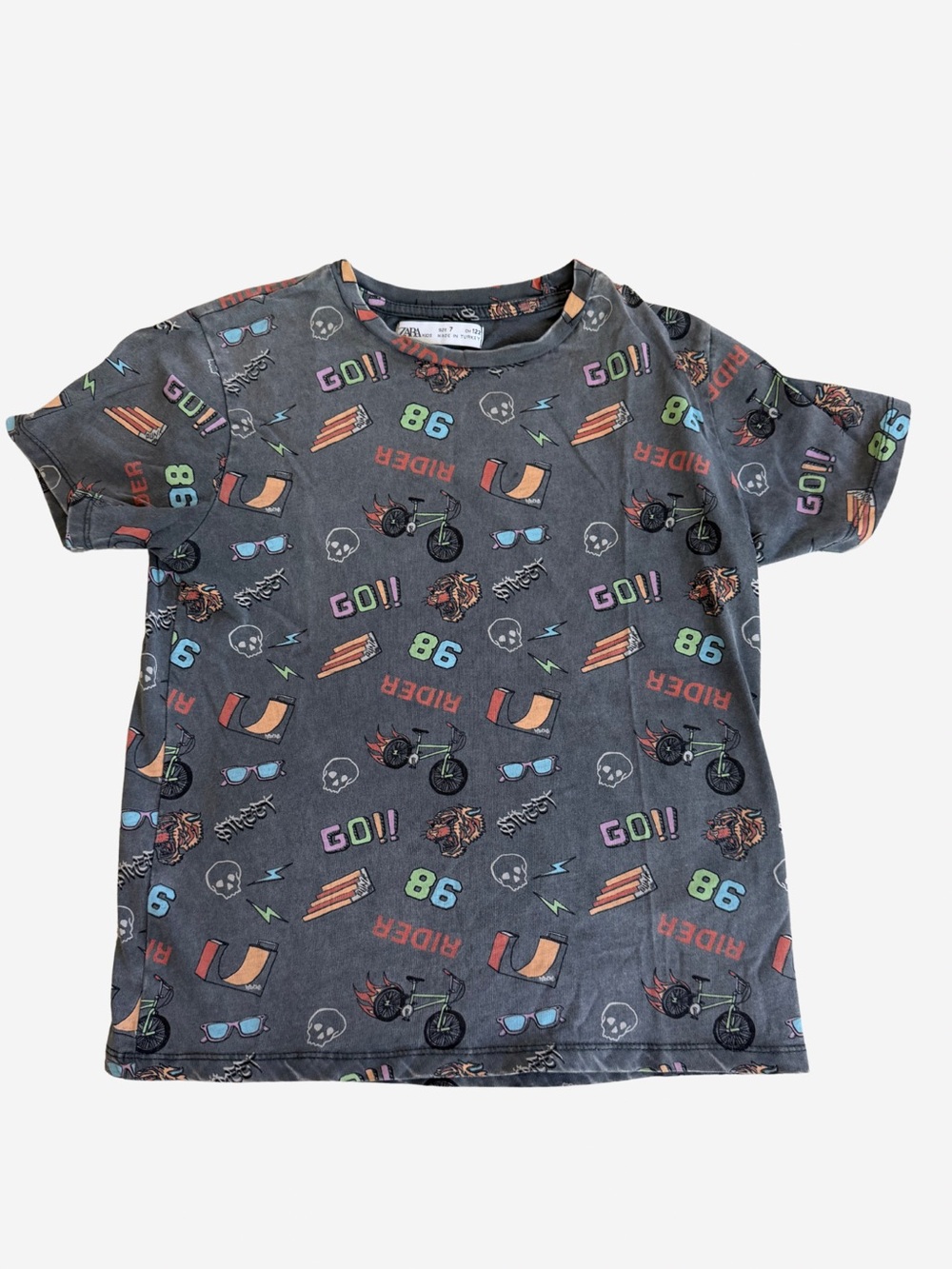 Zara Gray Tee with Multicolor Moto & Graphic Print